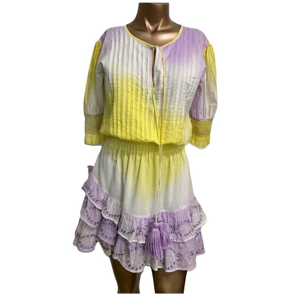 Karina Grimaldi Purple Yellow Tie Dye Mini Dress‎ Fit Flare Ruffle Skirt XS $294